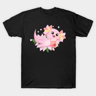 Axolotl Strawberry Milk Milkshake Floral Kawaii Axolotl T-Shirt